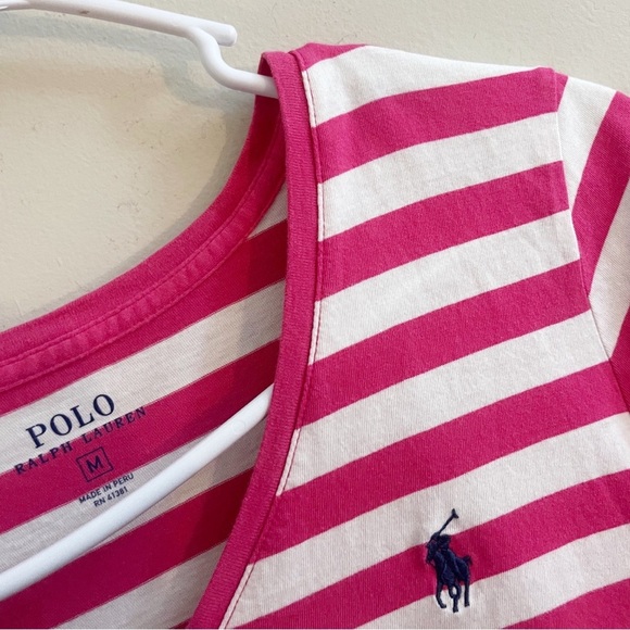 Polo Ralph Lauren V-Neck Striped Tee in Pink and White - Picture 3 of 3